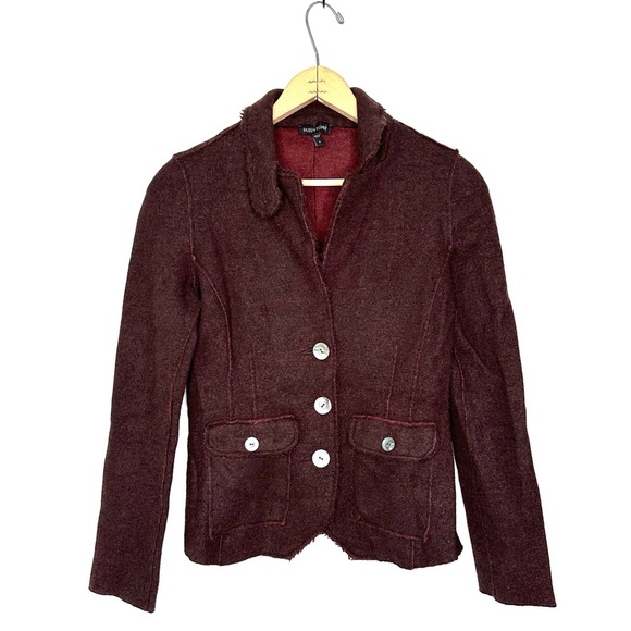 Eileen Fisher | Maroon Boiled Wool Button Down Fitted Sweater Jacket Size Small - Picture 1 of 7